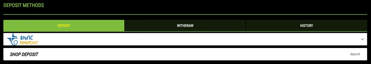 Mezzo bet Deposit Methods page on desktop with Deposit, Withdraw and History tabs and the Telebirr method
