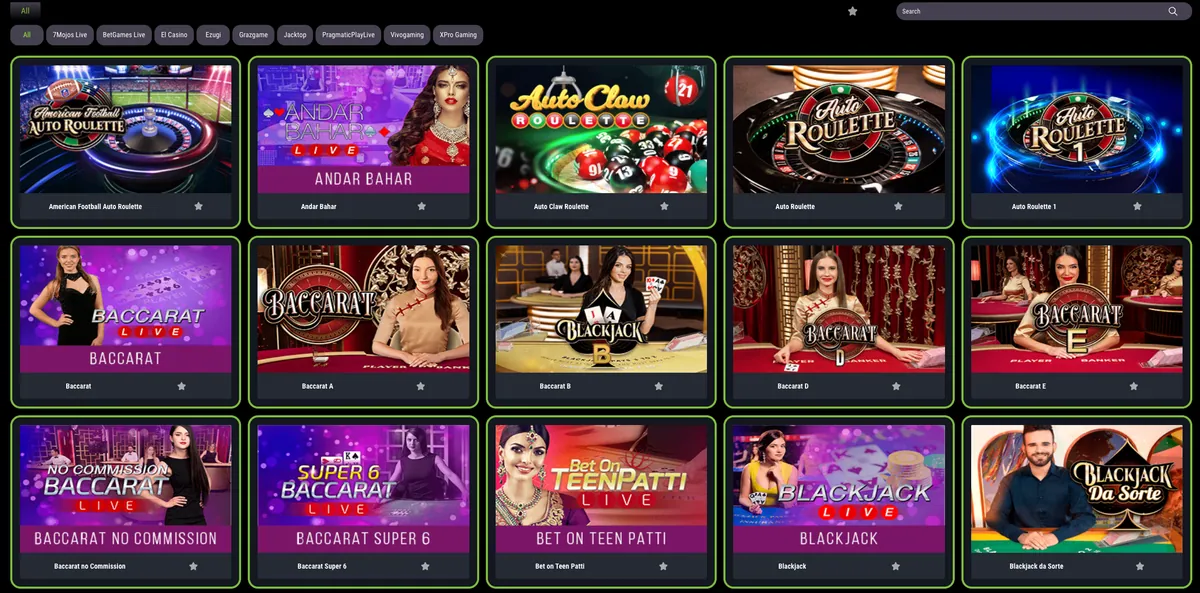 Live Games lobby at Mezzo bet with auto roulette, baccarat, blackjack and Andar Bahar tiles and a search field