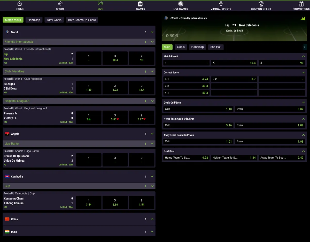 Live section of Mezzo bet with a friendly match at 2:1 in the 87th minute and the live markets list on the right
