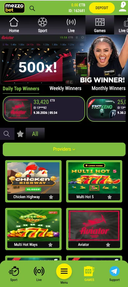 Games tab in the Mezzo bet mobile version with a two-column grid
