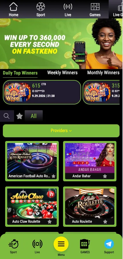 Live Games tab on mobile with roulette and Andar Bahar tiles