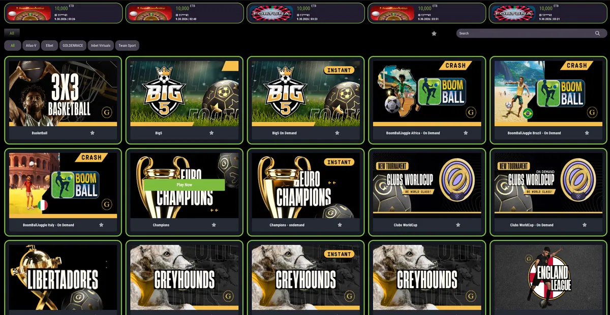 Virtual sports section at Mezzo bet on desktop